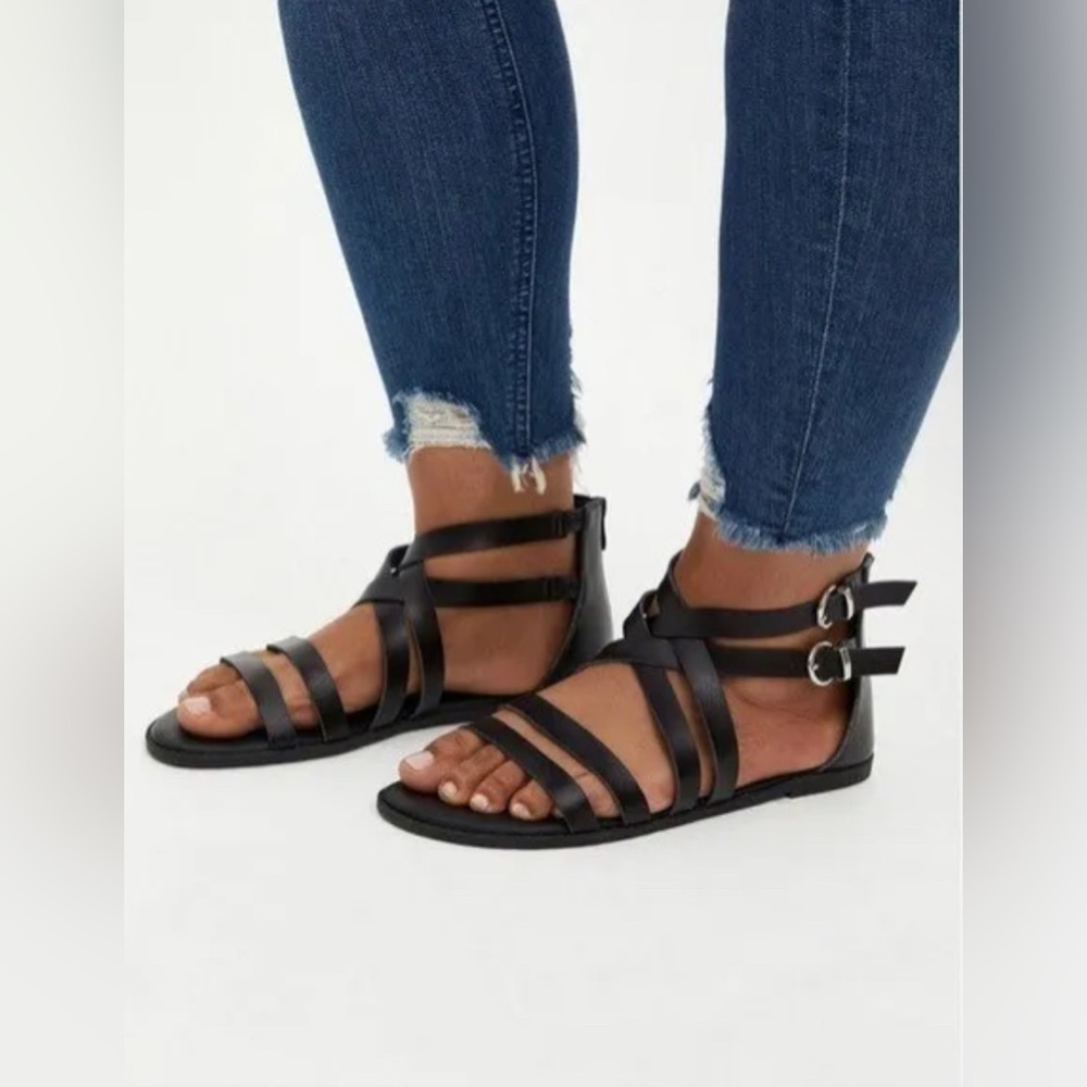 Torrid strappy black faux leather sandals with silver buckle detail, US 9.5WW